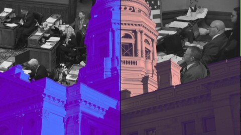 A split-screen view of members of the House and Senate with an edited photo of the state Capitol building overlaid on it.