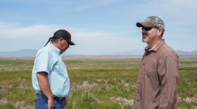 Ken Sandusky and Brian Herbert stand on land that is part of the Modoc Nation of Oklahoma's Homelands Program in Siskiyou County on April 30, 2026.