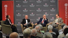 Peoria Journal Star Associate Editor Chris Kaergard, Frank Mackaman of the Dirksen Congressional Center, former U.S. Transportation Secretary Ray LaHood, and political science professor Sean Q Kelly at Bradley University's Hayden-Clark Alumni Center