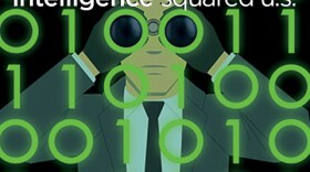 spy looking through binoculars and intelligence squared logo