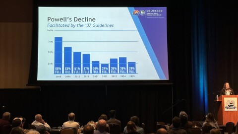 Colorado River Commissioner charts the decline of Lake Powell water reserves, during her keynote speech at the Southwestern Water Conservation District's annual seminar, in Ignacio, Colorado. March 27, 2026.