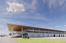 Rendering of brown facility with people standing nearby 