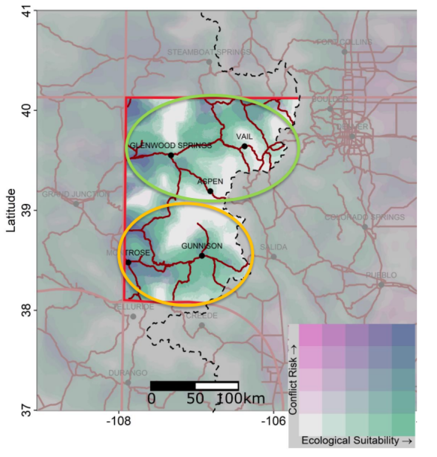 Areas of potential wolf reintroduction in Colorado. The state is supposed to place them at least 60 miles from state and tribal borders.