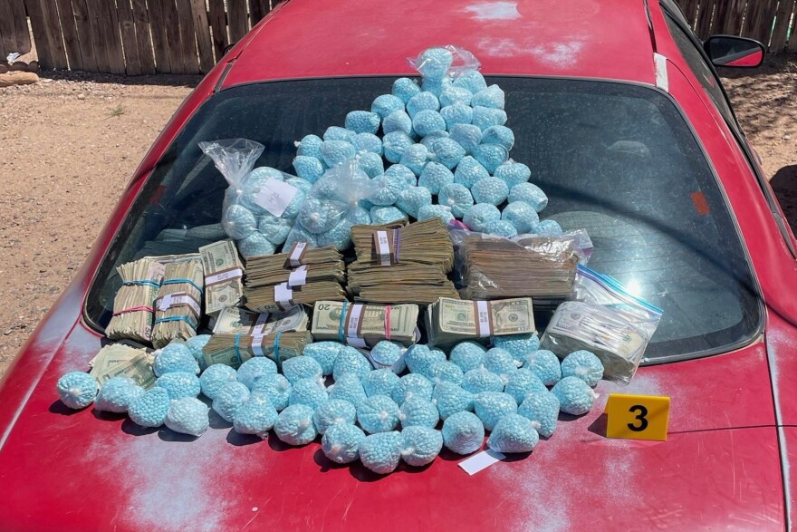 This photo provided by the U.S. Drug Enforcement Administration shows pills containing fentanyl which were seized by the DEA in New Mexico, on April 28, 2025. (DEA via AP)