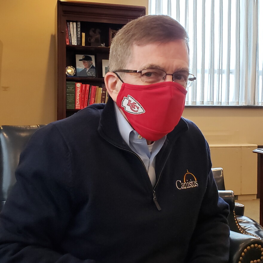 Canisius president John Hurley, as part of a friendly Jesuit institutional wager between the Buffalo-based school and Rockhurst University in Kansas City, is wearing a face mask with a Chiefs logo this week since the Bills lost the AFC Championship game in Kansas City.

