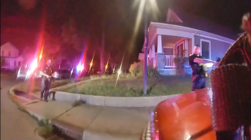 A frame of the bodycam video from the police action shooting of Linzell Parhm