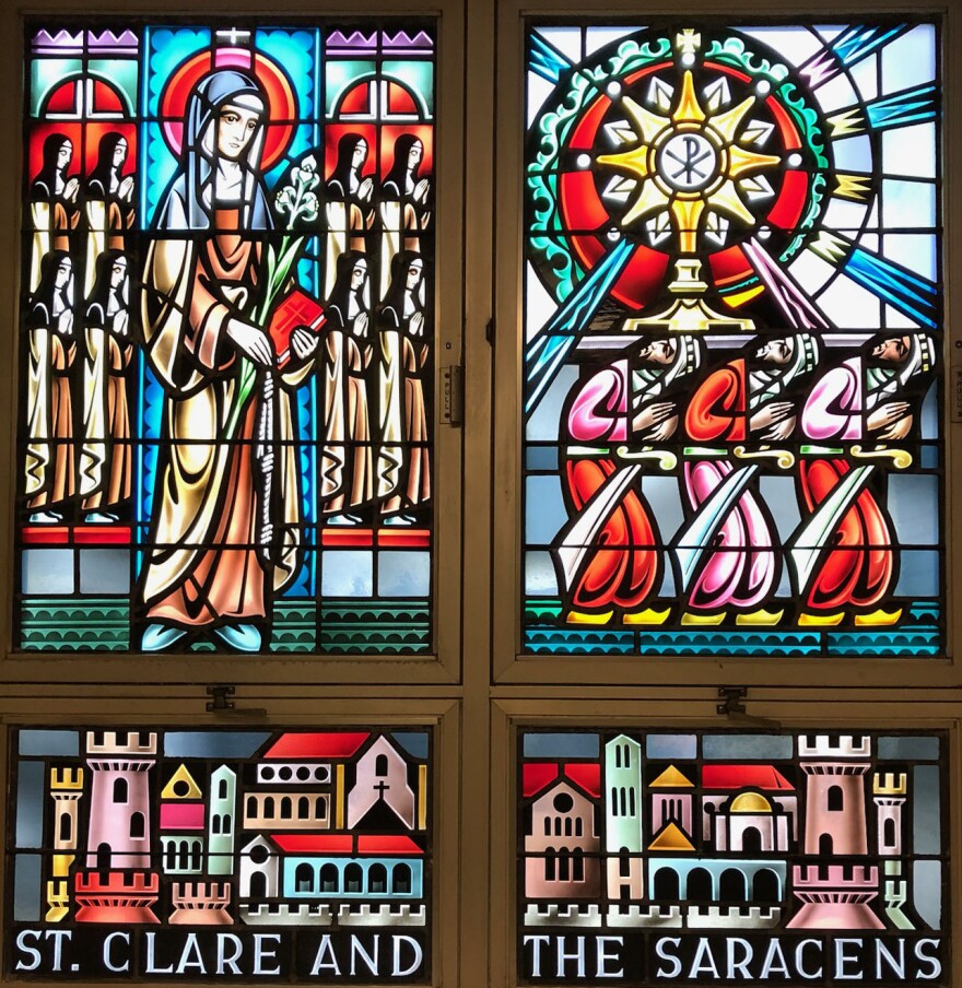 A stained glass window on the campus of Cardinal Stritch University depicts St. Clare