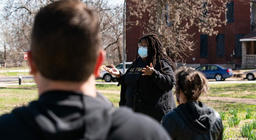 Kayla Reed, executive director and co-founder of Action St. Louis, rallies a team of volunteers before they began knocking on doors on March 22. The group was asking voters to support criminal-justice reformer Tishaura Jones, who was elected mayor of St. Louis on April 6.