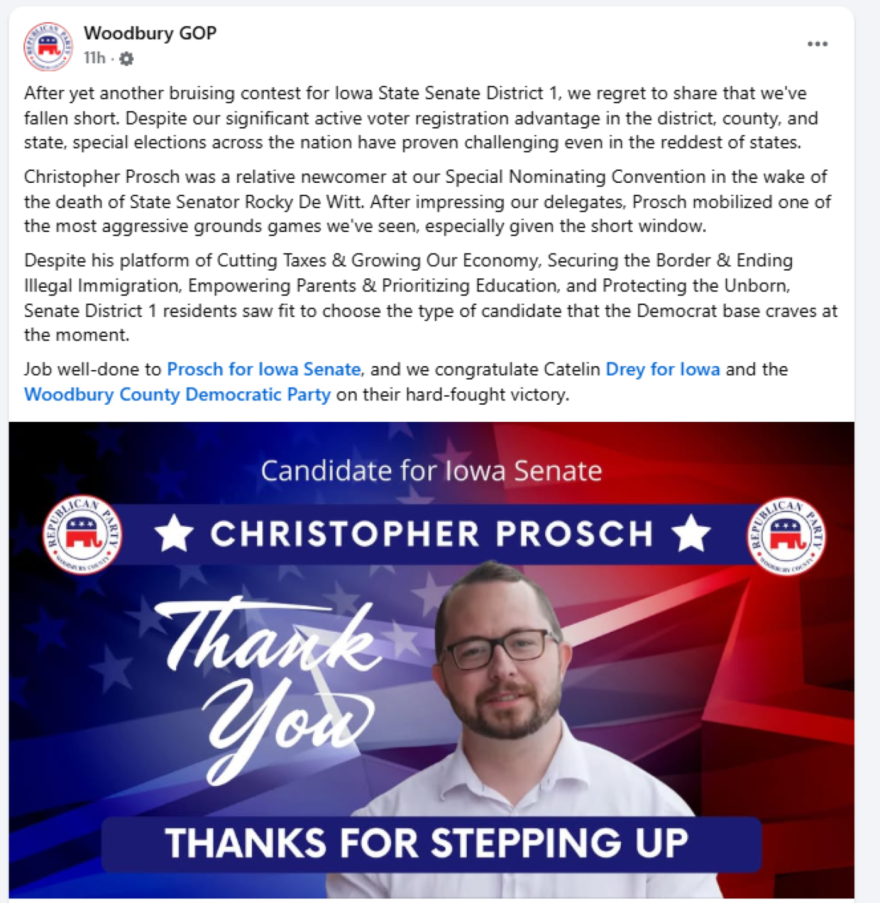 Image of a Facebook post from the Woodbury County GOP. There is a graphic with a photo of a candidate that says "Christopher Prosch thanks for stepping up."