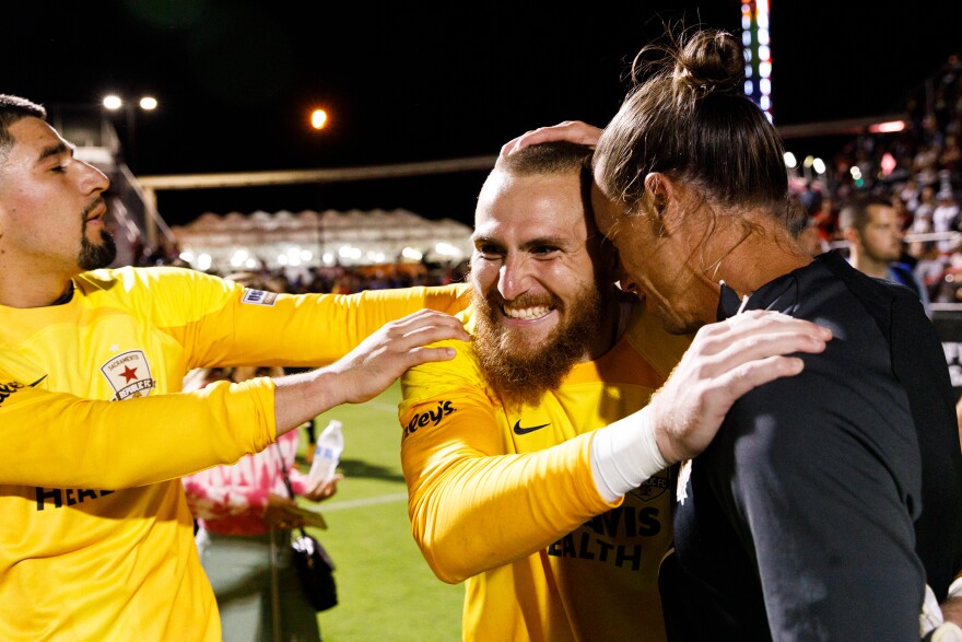 Sacramento Republic FC goalkeeper Danny Vitiello celebrates their US Open semifinal win.