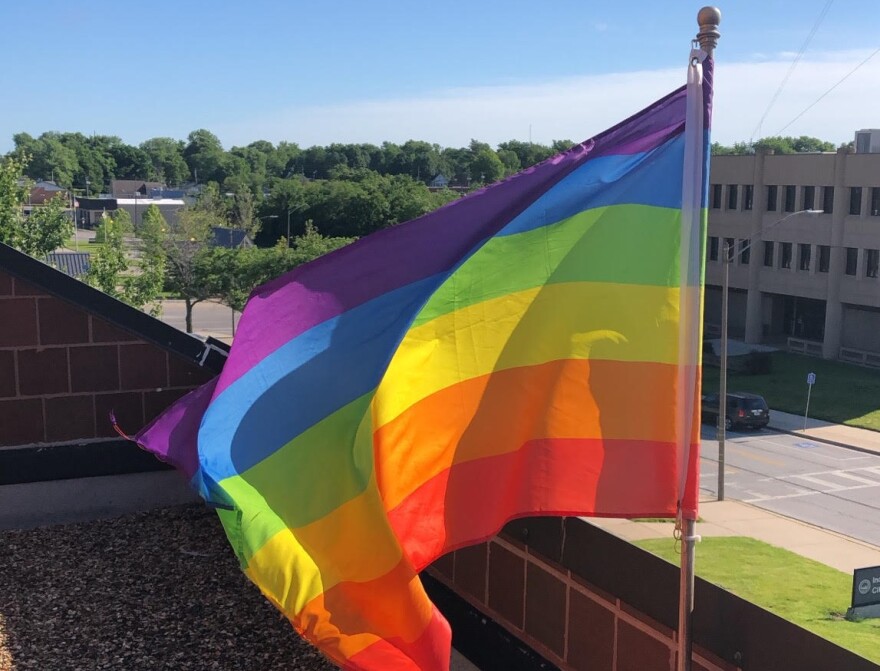 Independence Mayor Eileen Weir hangs a rainbow flag outside of her office during Pride Month since proposals to hang pride flags on city buildings has gone unapproved.