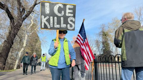 Demonstrators gathered to protest President Donald Trump and federal immigration authorities in the wake of several high-profile shootings on Saturday, Jan. 10, 2026, in downtown Chico.