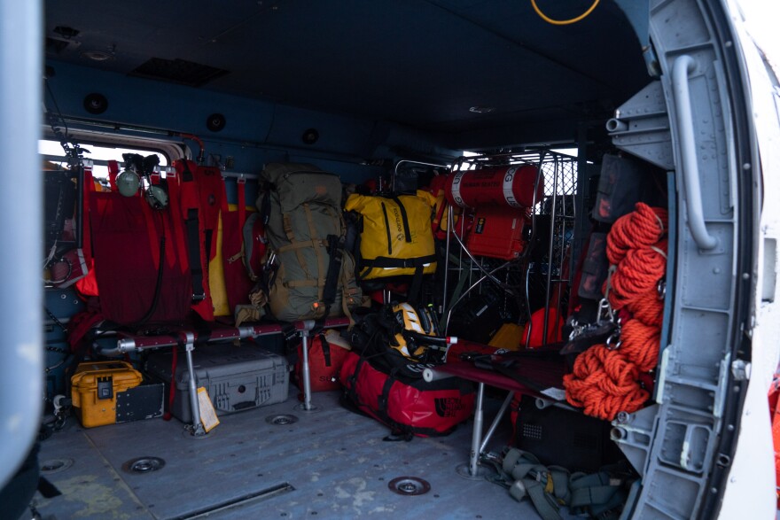 Interior of a U.S. Coast Guard helicopter. Members of the Coast Guard were deployed to the western coast of Alaska following the damage from ex-typhoon Halong. Bethel, Alaska on Oct. 14, 2025.
