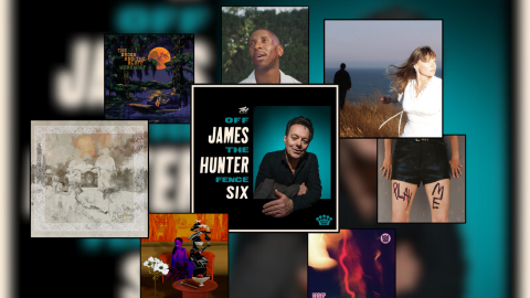 A collage of artwork for 8 album and single releases. There's a purple sky andjungle with an orange moon, an man's face looking upward, a woman in white with an ocean behind her, a whitish etching of fire and soldiers, a man in a black suit looking at the camera, a red abstract swirl like the northern lights, a person from the legs down with black shorts and artwork of a purple woman sitting in a chair.