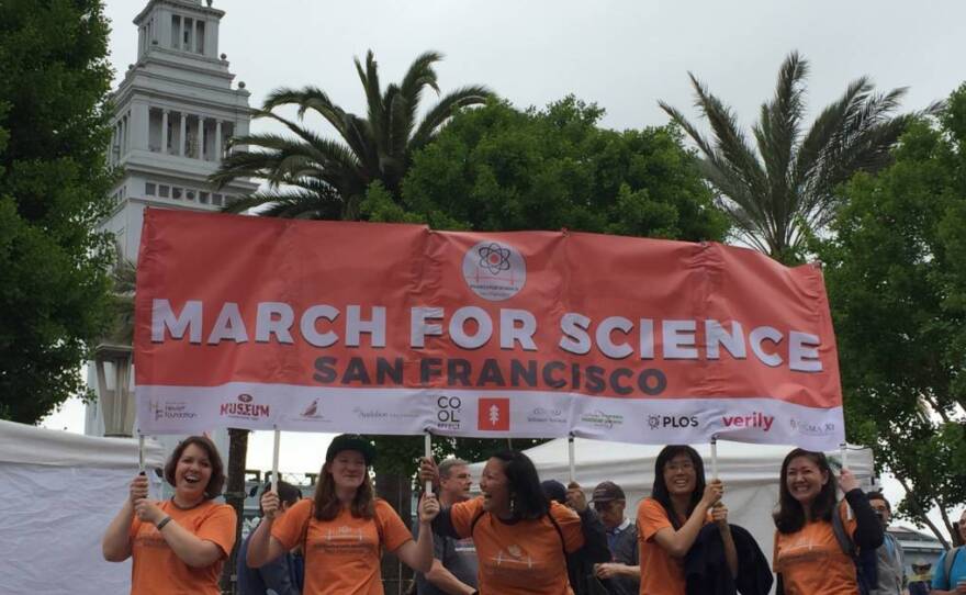 Crowds gather at Justin Herman Plaza near Pier 39 for the March for Science demonstration in San Francisco.