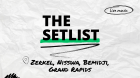 "The Setlist" and "Zerkel, Nisswa, Bemidji, Grand Rapids" written over a crumpled paper background. 