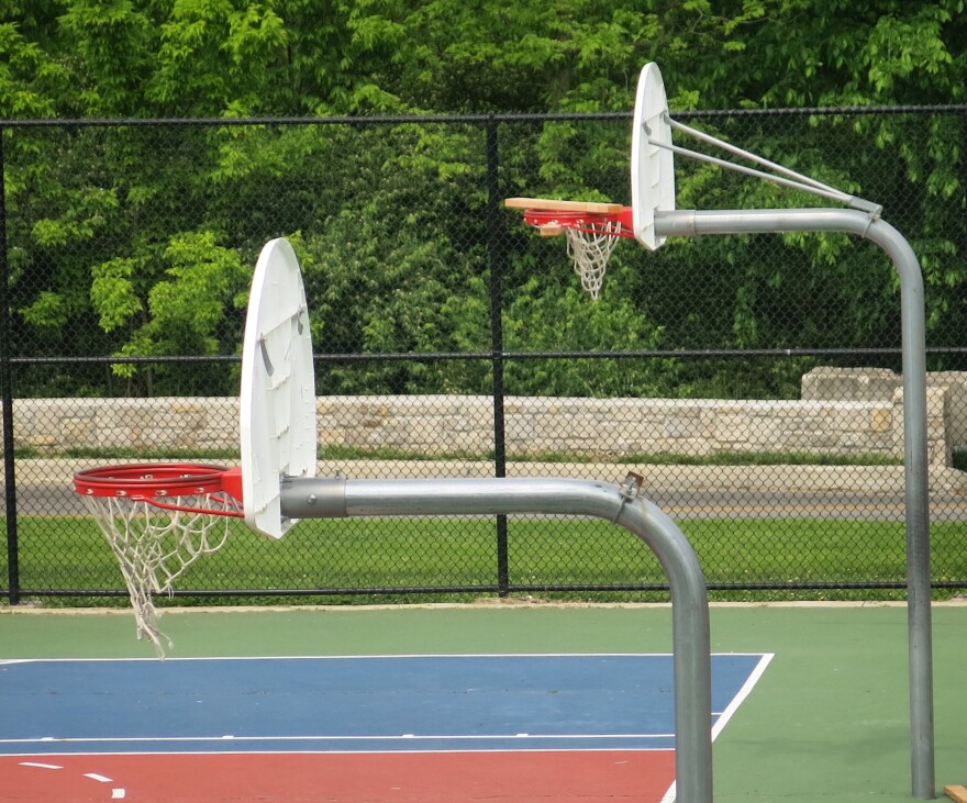 The hoop nearest St. John Avenue is blocked, but someone's managed to clear the other one.