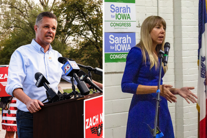 Rep. Zach Nunn speaks at a podium on the left. Sarah Trone Garriot speaks into a microphone on the right 