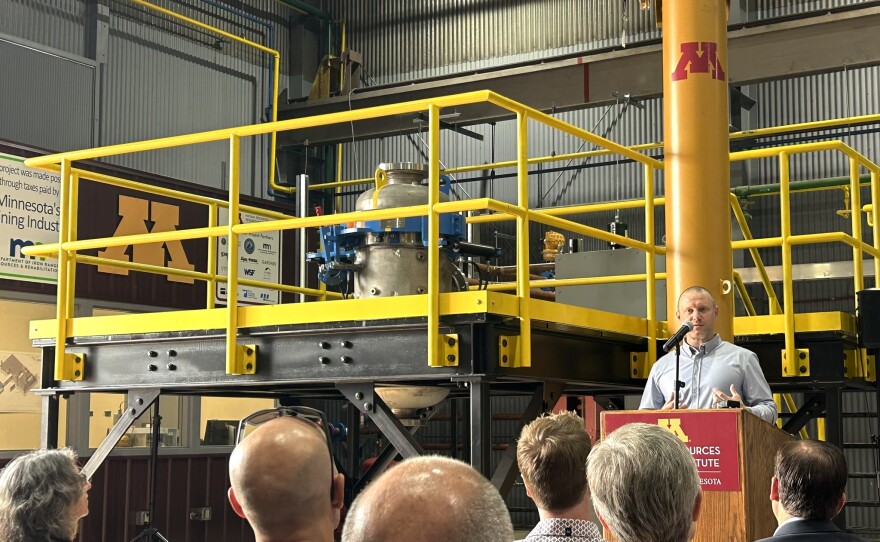 Natural Resources Research Institute Taconite Chair Brett Spigarelli speaks at the direct reduced iron simulator launch on July 27, 2026, in Coleraine.