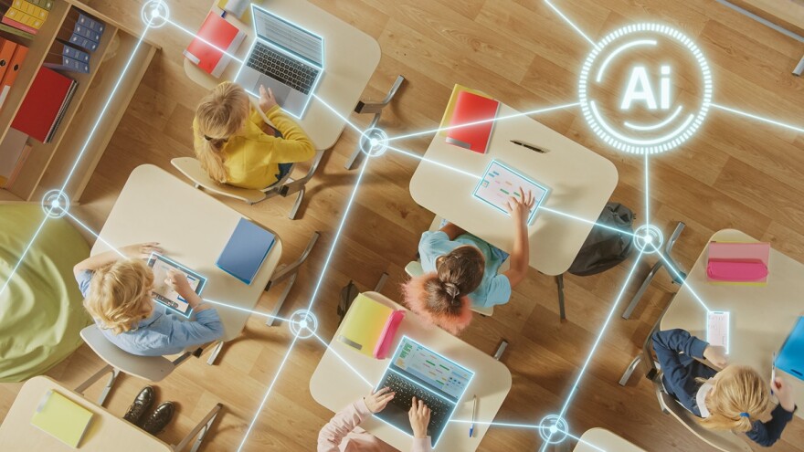 Top-down view of Children in Classroom Using Tablets and Laptops, Connectivity by Lines of AI Data