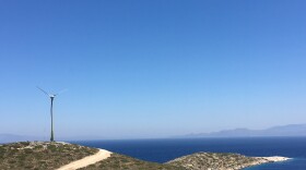 A view of the newly-erected wind turbine on Tilos, Greece, part of a microgrid that, along with a solar park and a renewable battery system, will power the island.