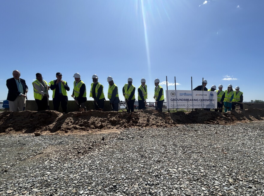 State and local officials, Diamond State Port Corporation members, and Enstructure's CEOs break ground at the Edgemoor expansion for the port of Wilmington.