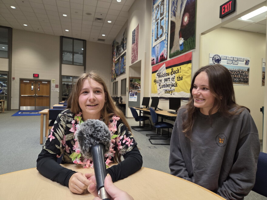 From left, Bemidji High School seniors Zivah Zebro and Brynn Klaers talk about their work on the school's student council and homecoming events in the Media Center on Sept. 22, 2026.