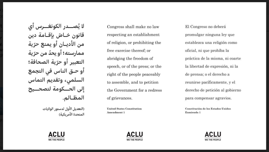 The ACLU says WMATA has violated its right to free speech by rejecting an advertisement showing the text of the First Amendment in three languages.