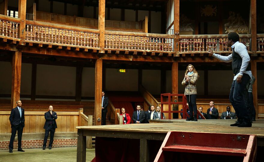U.S. President Barack Obama watches a performance during a visit to the Globe Theatre in London to mark the 400th anniversary of the death of William Shakespeare on Saturday in London, England.
