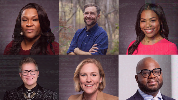 A camera filter is placed over headshots of Asheville City Council candidates, who starting at top left are Sheneika Smith, Drew Ball, Antanette Mosely, Jeffrey Burroughs, Maggie Ullman and Keith Young.