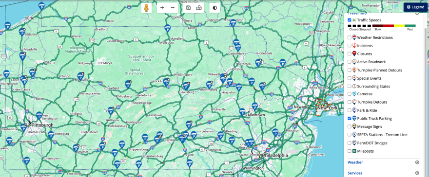 This screenshot, taken on October 9, shows the current list of public truck parking locations across Pennsylvania. It's a new feature on the state's 511PA website and mobile app. PennDOT says more locations will be added through the end of 2026.