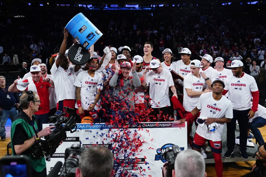 Florida Atlantic players celebrate after defeating Kansas State on Saturday, March 25, 2023, in New York.  