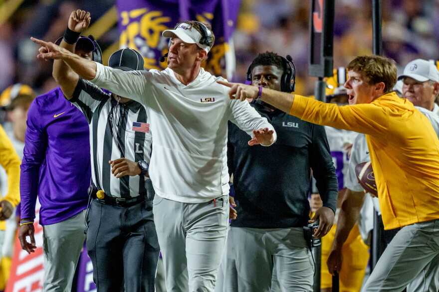 LSU head coach Lane Kiffin reacts during an NCAA college football game in Baton Rouge, La., Saturday, Sept. 5, 2026. (AP Photo/Matthew Hinton)