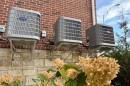 Three gray square air conditioner units are secured to the side of a red brick building. Some yellowing flowers are visible at the bottom of the frame. 