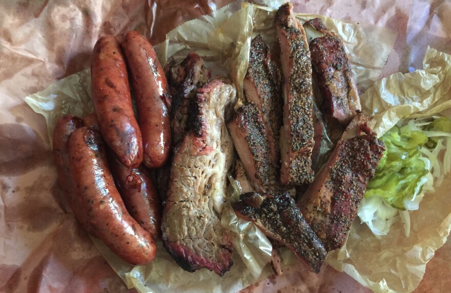 What the fuss is all about: an order of sausage, brisket and ribs at Franklin Barbecue