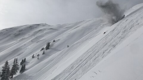 Ski patrollers at Aspen Highlands perform avalanche mitigation work in Highland Bowl on Jan. 18, 2018.