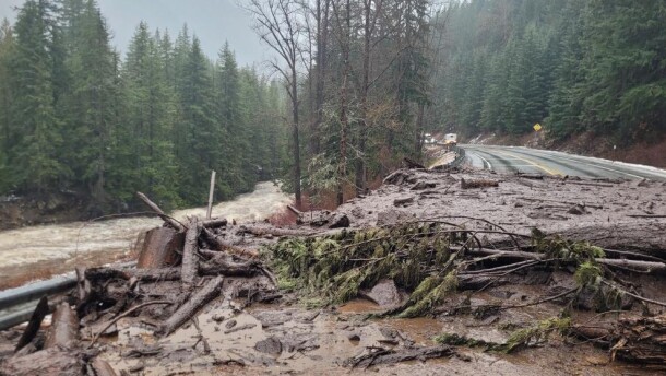 Slide damage at milepost 72 on U.S. 2, in a photo shared by the Washington State Department of Transportation on Dec. 11, 2025.