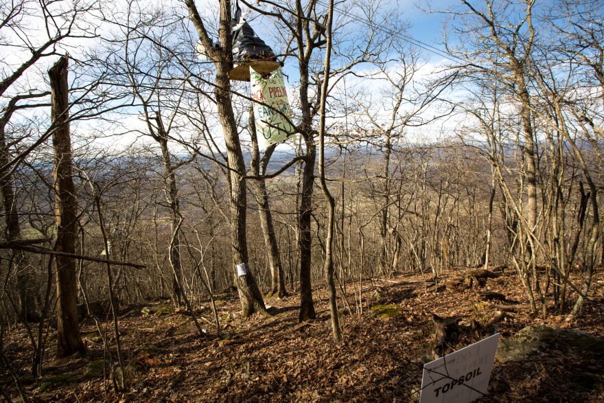 The tree sitters with their treetop perch are nearly level with the ridge top. They sit near the site where boring will be used to cross underneath the Appalachian National Scenic Trail. A notice from Mountain Valley Pipeline is taped to the tree trunk.