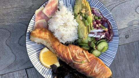 Salmon, rice, avocado, cucumber and radicchio salad with a ginger-lemon dressing. (Kathy Gunst/Here & Now)