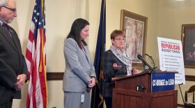 From left, House Assistant Minority Leader Rep. Steve Berch, House Minority Leader Rep. Ilana Rubel and Senate Minority Leader Sen. Melissa Wintrow speak at a press conference on April 3, 2026, at the Idaho state Capitol in Boise.