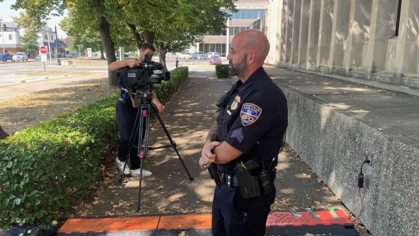 Evansville Police Sgt. Anthony Aussieker updates the news media on the Aug. 27 murder of Susan Haynie