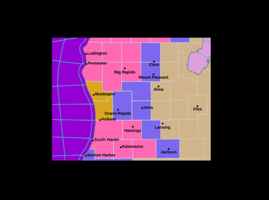 An image from the National Weather Service showing winter storm warnings (in pink), winter weather advisories (blue), high wind warnings (goldenrod), wind advisories (tan) and a storm warning for Lake Michigan (purple) on Wednesday, November 26, 2025