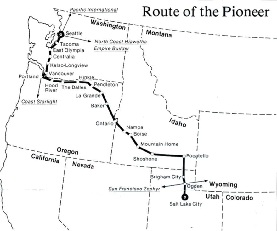 Map of eastern rail route from Seattle to Salt Lake City