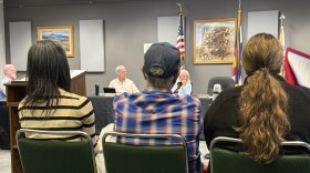 Erika Leonard, Jimmy Lowe and Susie Kaldis at the Paonia Board Meeting in September, Trustees Rick Stelter and Walter Czech with Mayor Paige Smith in the background.