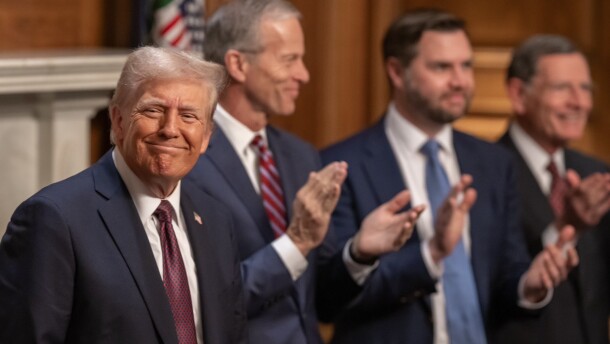 Donald Trump is shown at an event with Republican leaders, including U.S. Senator John Thune, of South Dakota, in January 2025, 10 days before his second term as president began. (Photo by Trump-Vance Transition committee)