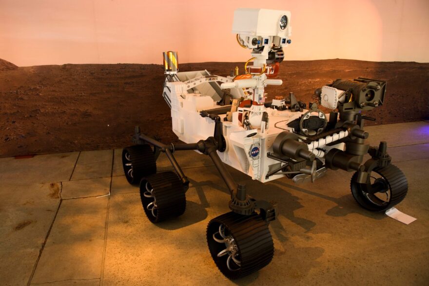 A full scale model of the Mars 2020 Perseverance rover is displayed at NASA's Jet Propulsion Laboratory (JPL) in Pasadena, California.