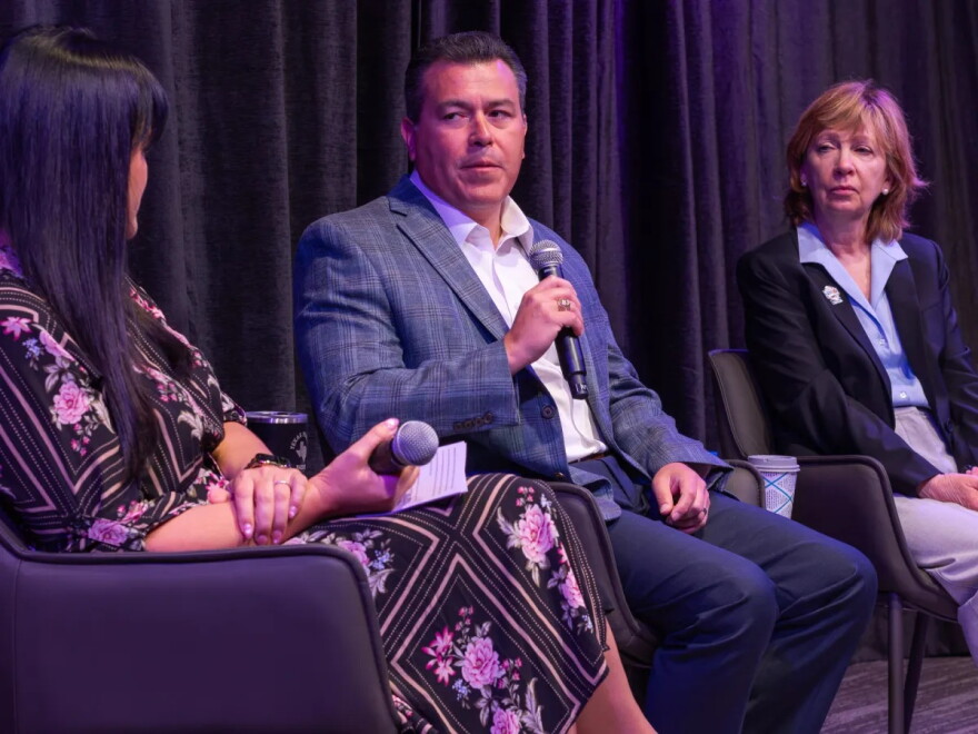 Frank Almaraz, interim president and CEO for CPS Energy, and Francine Romero, chair of CPS Energy board, are shown at a Luminaries breakfast hosted by Texas Public Radio on Aug. 6, 2026.