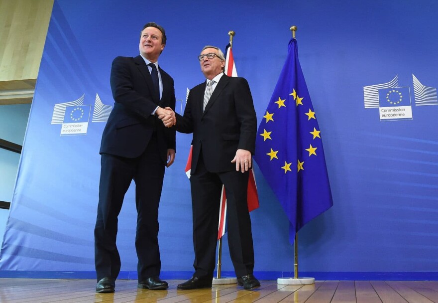 British Prime Minister David Cameron (left) is welcomed by European Commission President Jean-Claude Juncker prior to their meeting at the European Commission in Brussels, on February 16, 2016.  (Emmanuel Dunand/AFP/Getty Images)