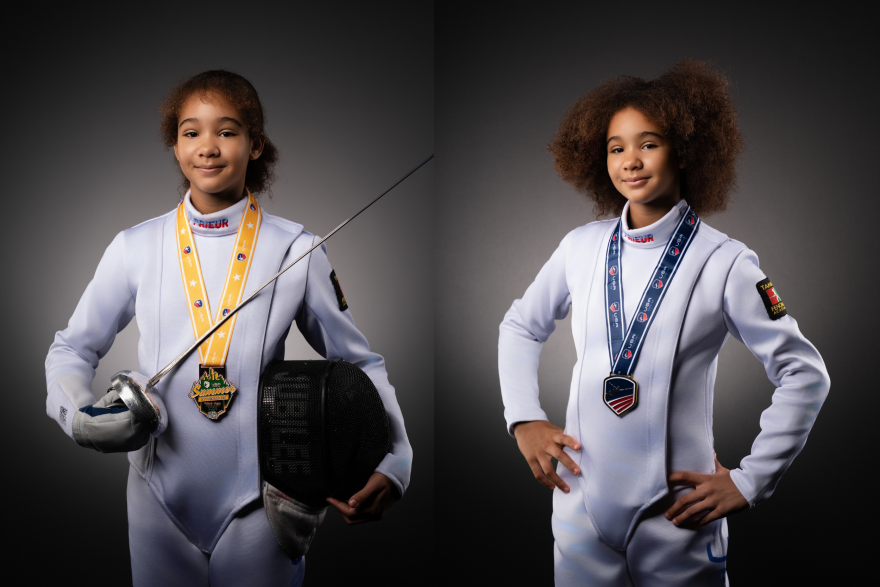 On the left side, Beata wears her hair in a low ponytail, she holds a fencing sword on her left hand a helmet on her right hand. On the right side, the athlete wears her hair natural and lose, while posing with her hands on her hips. 