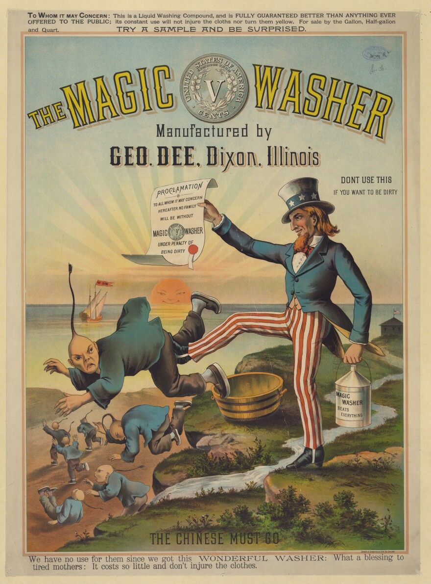 An ad showing Uncle Sam, holding a proclamation and can of Magic Washer, kicking the Chinese out of the United States. "We have no use for them since we have this wonderful washer," the ad reads.